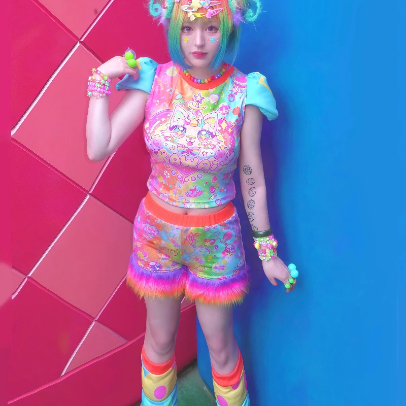 ญี่ปุ่นใหม่พิมพ์สัตว์ที่มีสีสันผู้หญิงเสื้อยืดOriginal Design 2025 ฤดูร้อนหลวมSlimming Fluffy Splicingกางเกงขาสั้นสุภาพสตรี