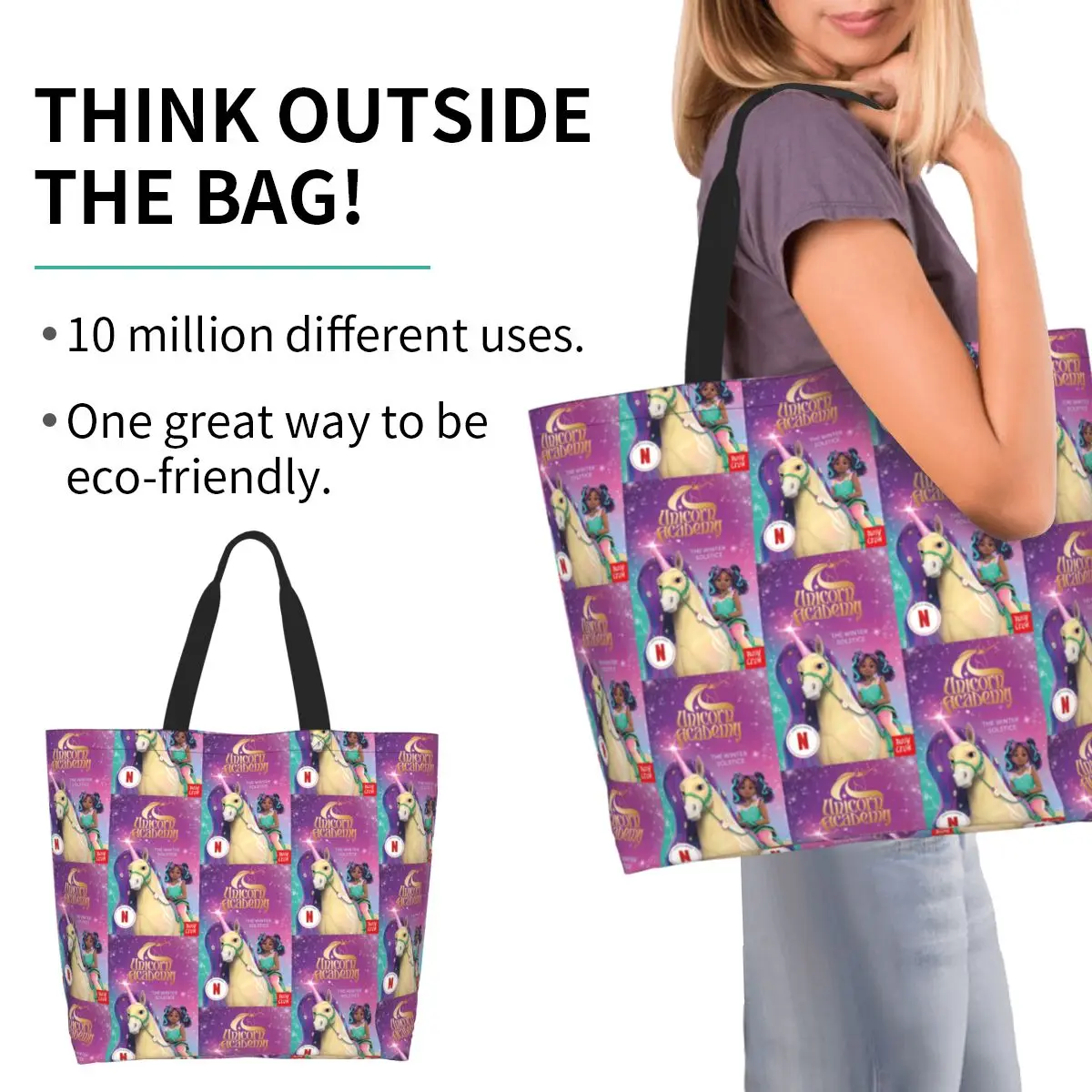 Unicorn Academy Shopping Tote Bag Canvas Large Capacity Shoulder Bags Shopper Grocery Handbag for Women