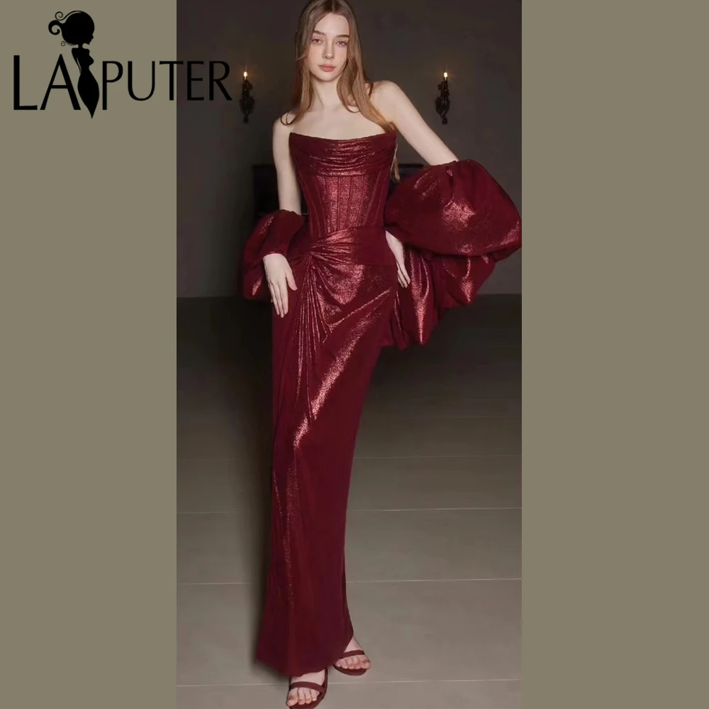

Fitted Burgundy Evening Dresses off Shoulder Corset Dark Red Prom Dress Lantern Sleeves Cape Ruched Woman Celebrity Dress 2025