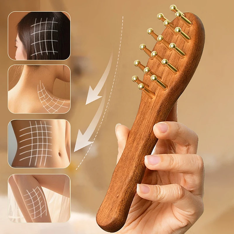 

Head Massage And Gua Sha Tool Brass Long Handled Massage Comb Scalp Head Meridian Comb Thickened Wide Gold Wire Sandalwood Comb