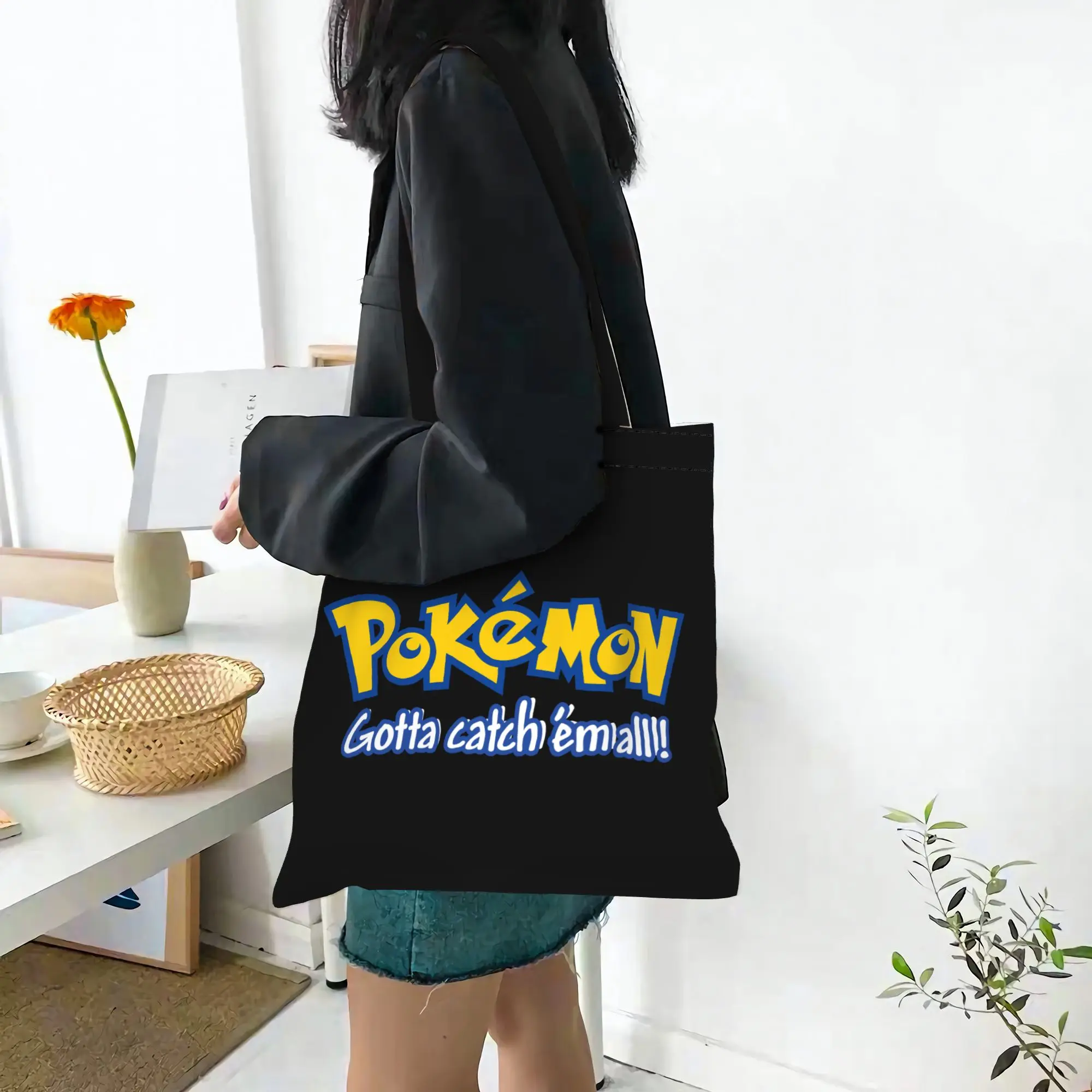 Customized Pokemon Pikachu Pattern Women's Bag Shopping Bag Reusable Double Sided Canvas Tote Bag Shoulder  Handbag