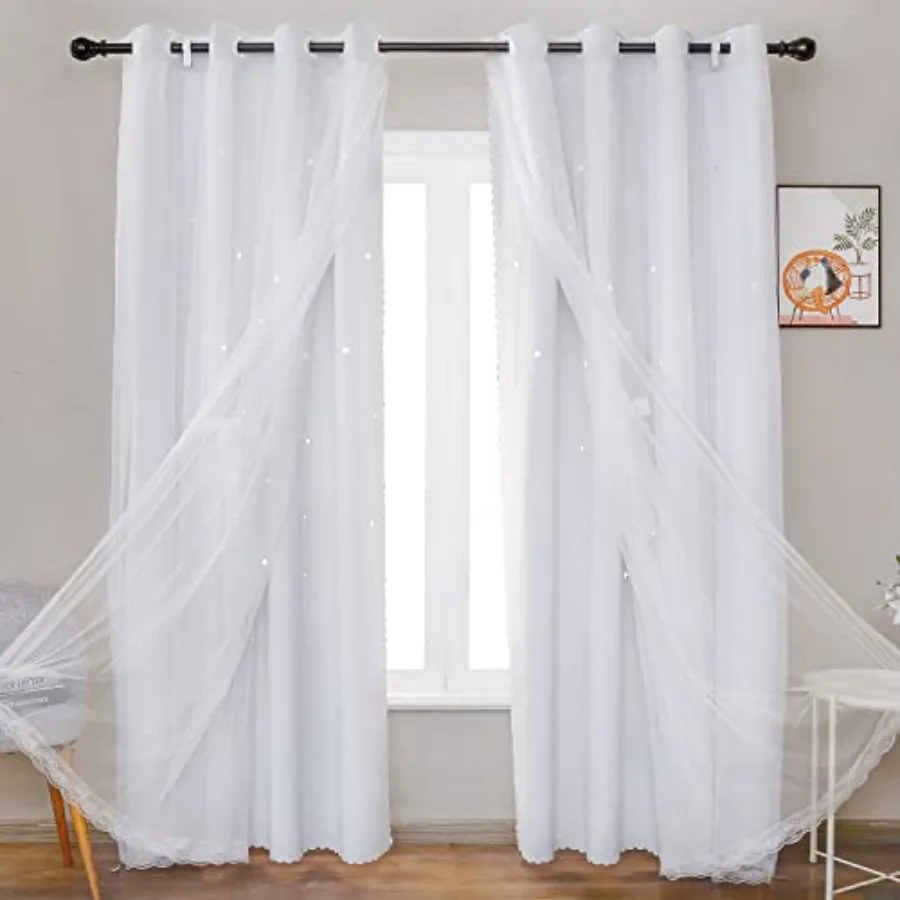 2 Panels Stars Blackout for Bedroom Living Room Girls Baby Room, Double Layer Star Cut Out Window Curtain, W52 x L63 Inch Lengt