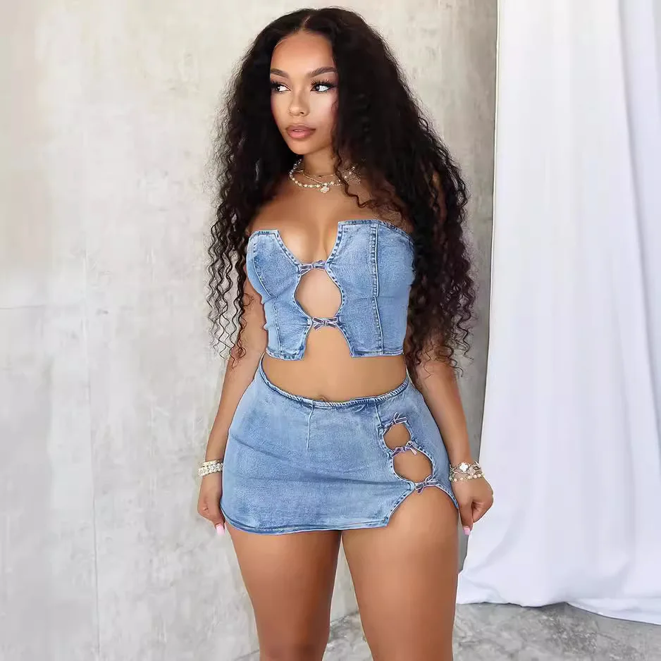 

Sexy Hot Girl Personality Denim Suit.Women's Summer Fashion Tether Strapless Top and Slit Wrap Hip Half Body Skirt Two-piece Set