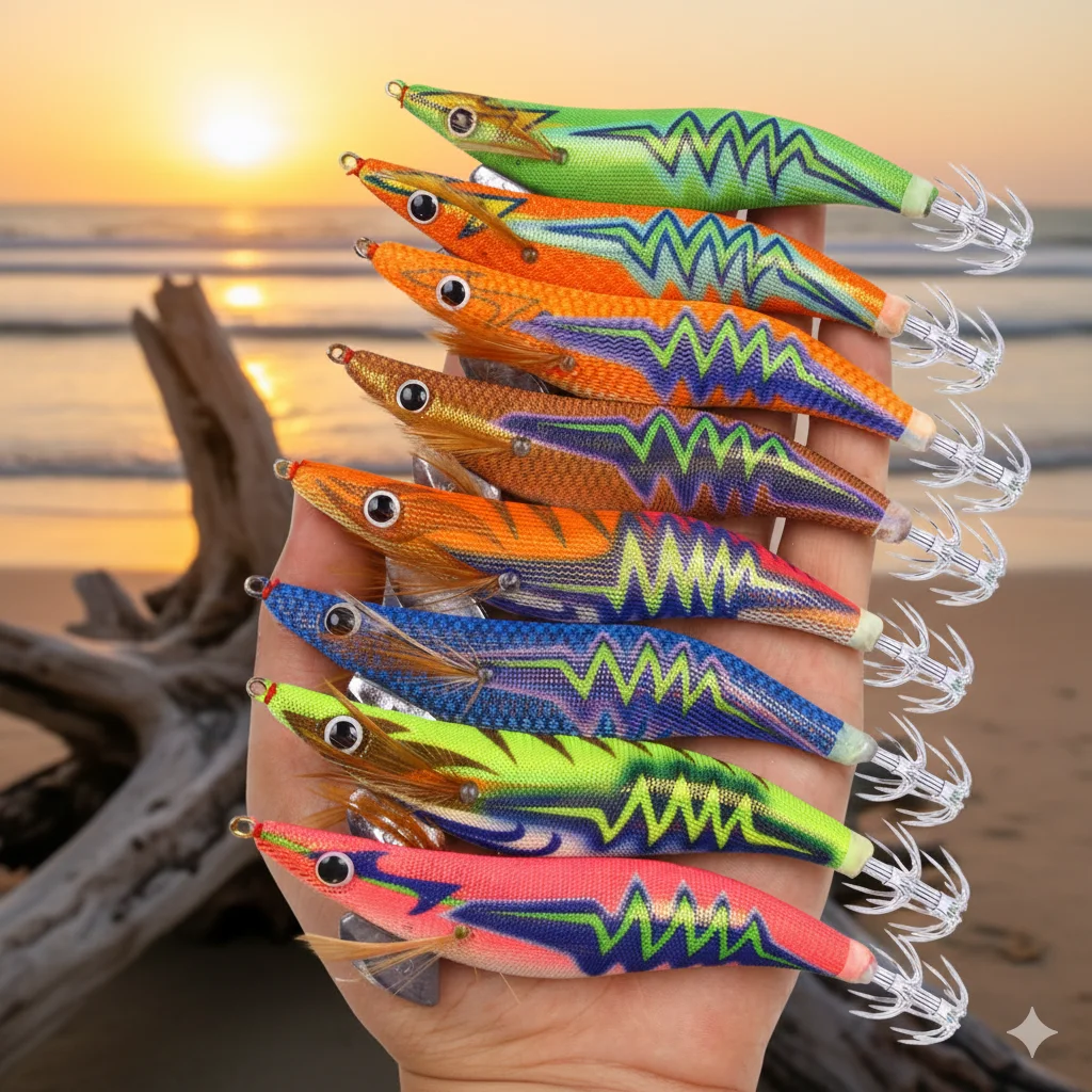 10 Stück Holz-Garnelen-Angelköder Tintenfisch-Jig Angelhaken Oktopus Tintenfisch Künstlicher Jigging-Köder Harter Köder Pesca 3,5 #   14CM 20g