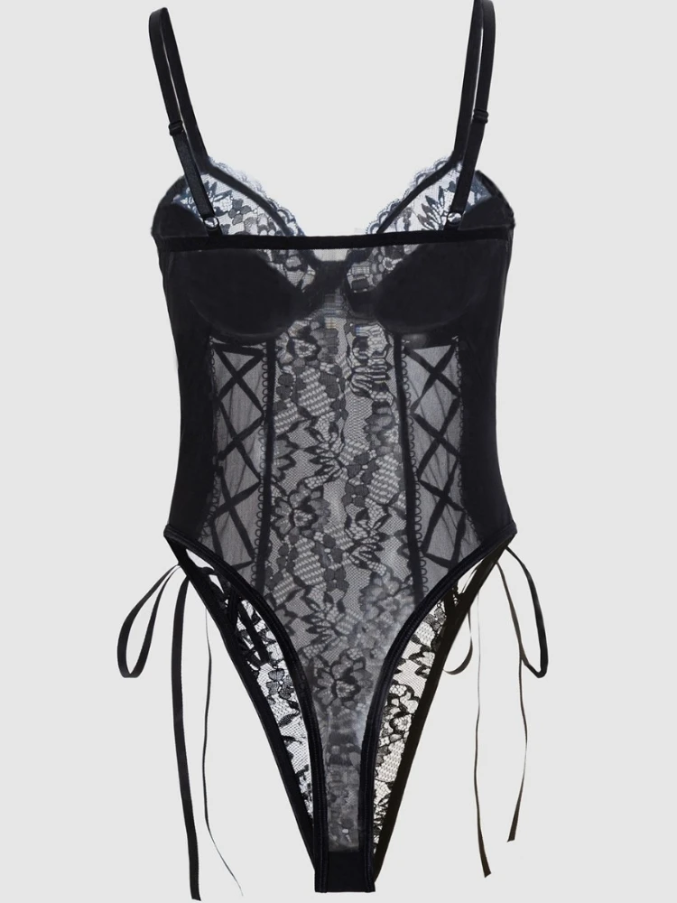 SsTss فو الجلود المرقعة ارتداءها مثير الدانتيل متابعة انظر من خلال الدانتيل الشفاف قطعة واحدة المرأة أنيقة الأسود القوطية الملابس الداخلية