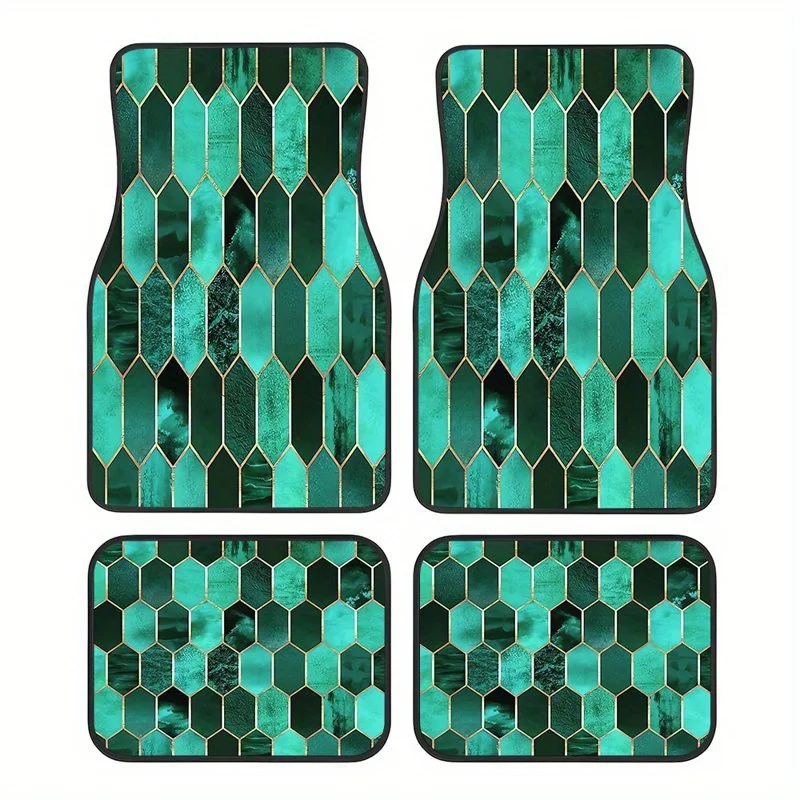 4pcs Elegant Teal Diamond Pattern Car Rubber Mats | Non-Slip, Easy-Clean, Pet-Friendly, Synthetic Rubber Material, Stylish Inter