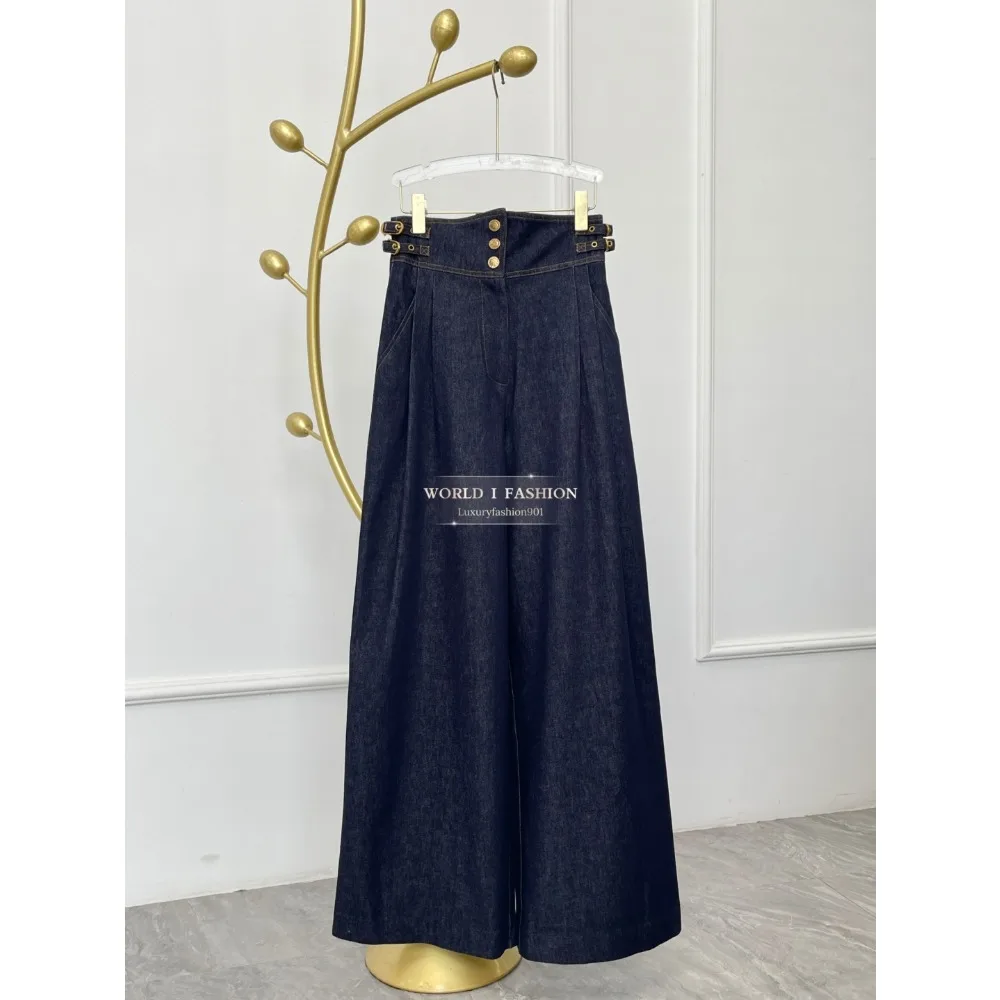 

Синяя блузка с длинными рукавами и карманами и широкие брюки для женщин высокого качества в качестве изображения