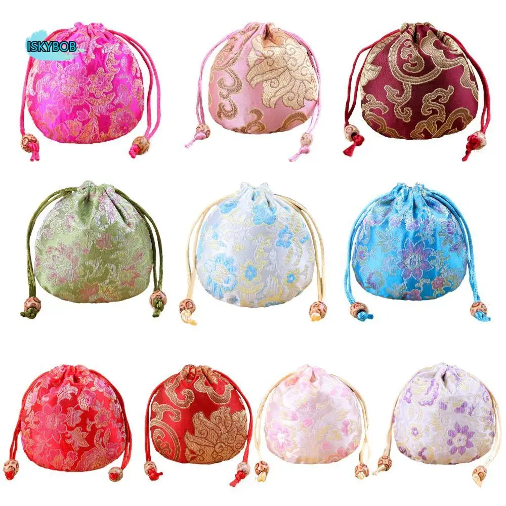 

Floral Embroidery Flower Drawstring Bag Chinese Style Beaded Small Coin Purse Wallet Jewelry Packing Bag Hanfu Wrist Bag