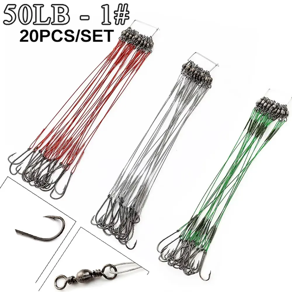 

FLYSAND 20Pcs/Set Anti-Bite Steel Fishing Line Leaders with Swivel - 50LB Steel Wire Fishing Tackle Gear & Accessories