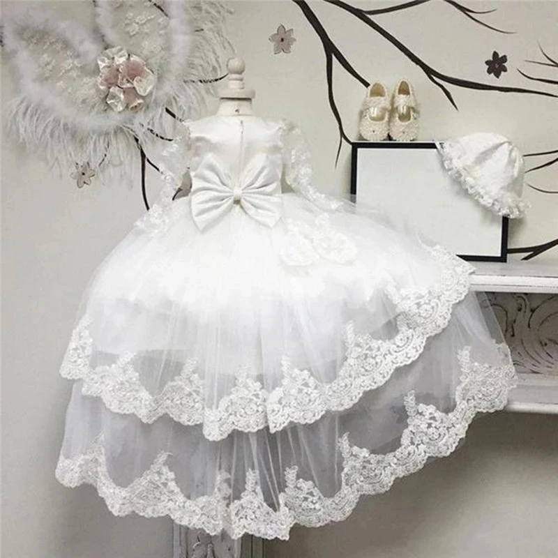 Ivory Sheer Long Sleeve Flower Girl Dresses for Wedding Party Dress Jewel Lace Girls Tiered Skirt Birthday Gown