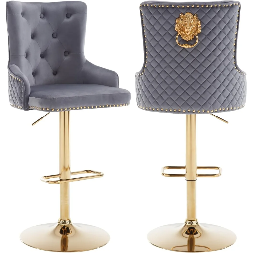 Conjunto de 2 bancos de bar de veludo, cadeira giratória com anel de tração Gold Lion, banco de bar estofado com cabeça de prego, altura ajustável