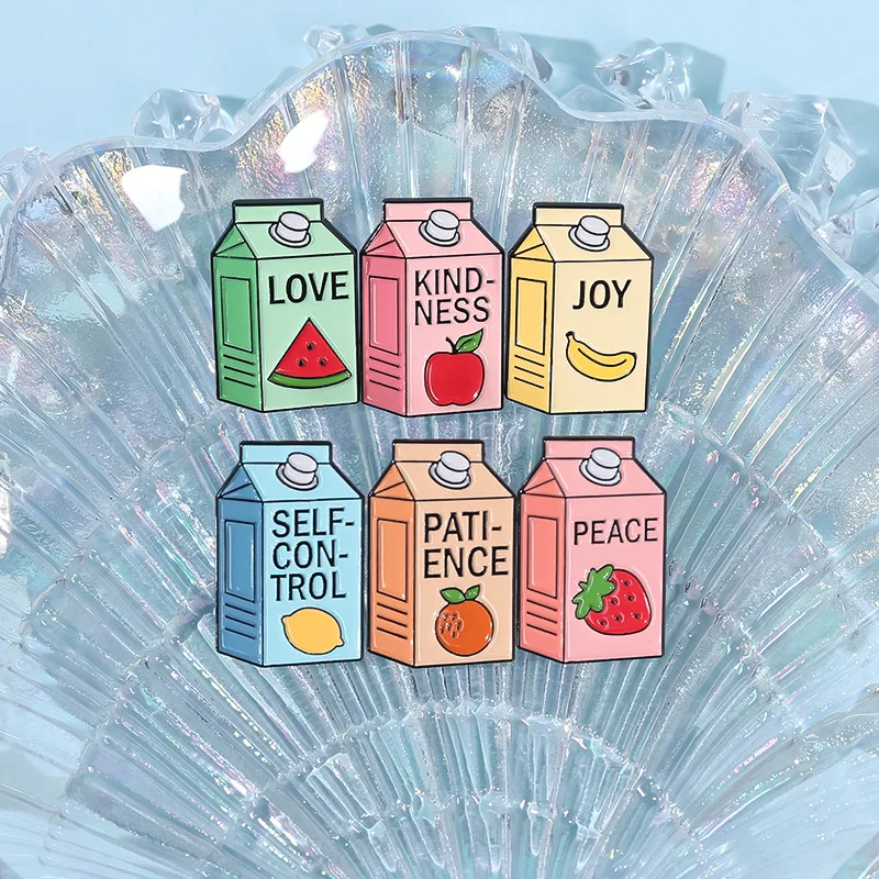 Milk Lapel Pins Lemon Strawberry Milk Carton SELF CON TROL,PATI-ENCE,KIND-NESS Drink Needle Pill Ruler Medicine Bottle Badge