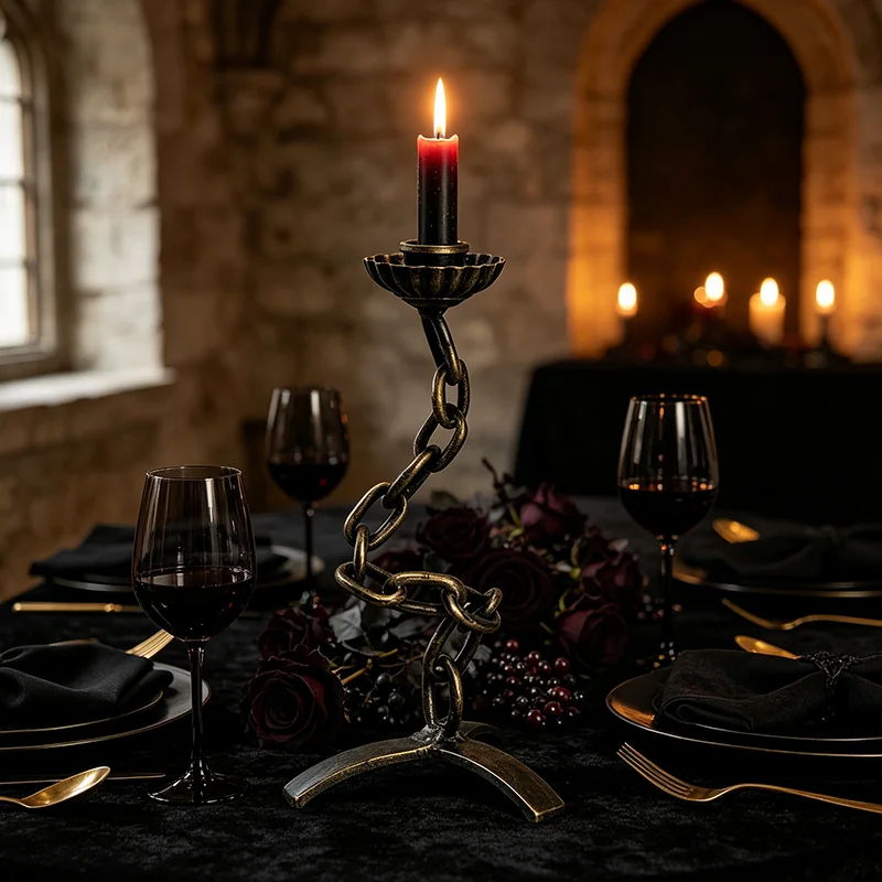 Vintage Curved Chain Metal Candle Holder, Distressed Black Iron Lotus Top Three-Legged Base Tall Candle Stand, Wabi-Sabi Gothic Style Home Desktop Ornament, Dining Room Bedroom Fireplace Decoration