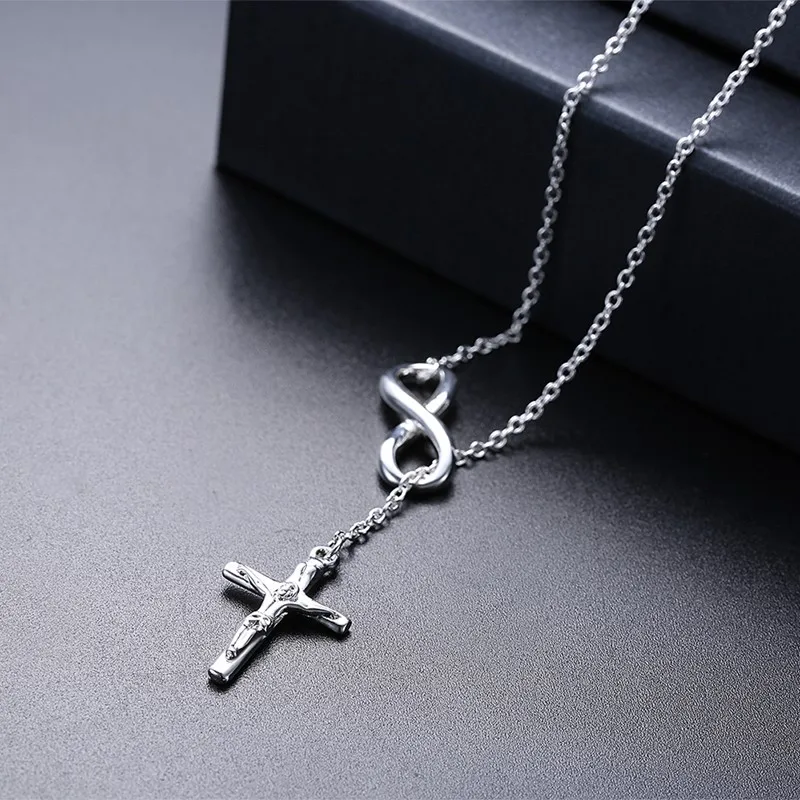 New Stylish 925 Silver Needle Cross Pendant Infinity Symbol Long Link Chain Fashion Necklace Pendant Women Popular Jewelry