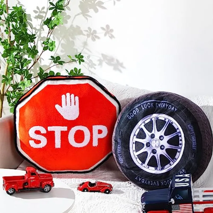 

2 Pcs Race Car Room Decor Racing Plush Throw Pillow Set Gift 15.7 Inch Soft 3D Simulation Wheel Pillow Funny Tire Cone Traffic