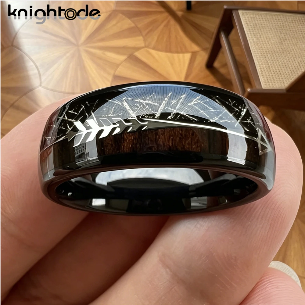 Black Meteorite/Koa Wood Unique Texture Inlay Tungsten Carbide Ring For 8mm Men Women Wedding Slivery Arrow Dome Polished