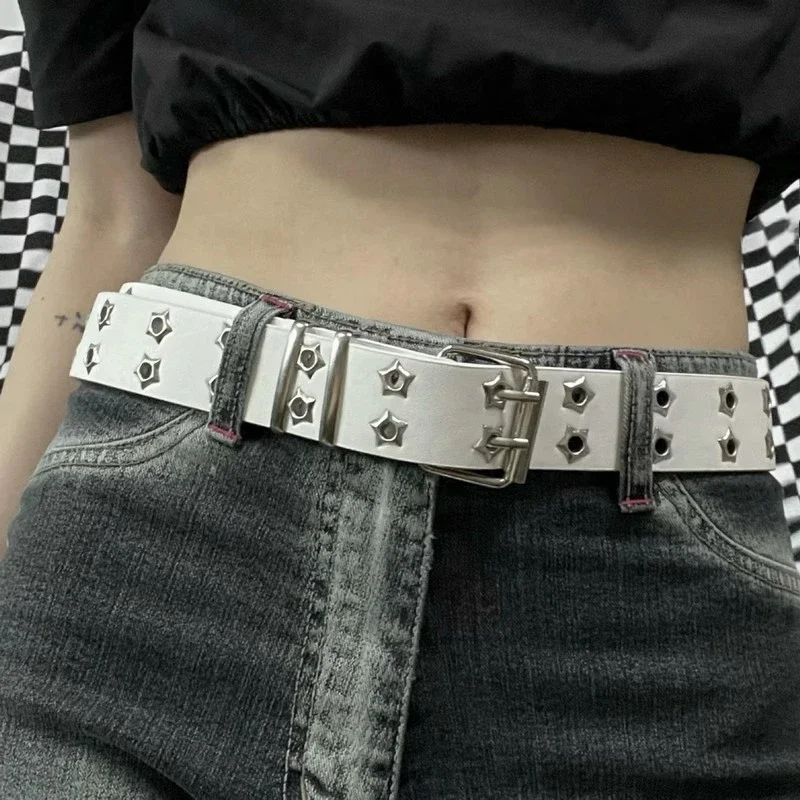 Women y2k Star Eye Rivet Belt Double Row Hole Belt Punk Waist Strap Hollow Out PU Leather Jeans Decorative Fashion Waistband