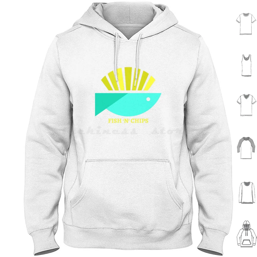 رقائق السمك 'n' هوديس باللونين الأزرق والأصفر بأكمام طويلة ورقائق السمك ورقائق السمك والطعام رقائق الأسماك البريطانية في المملكة المتحدة والطعام