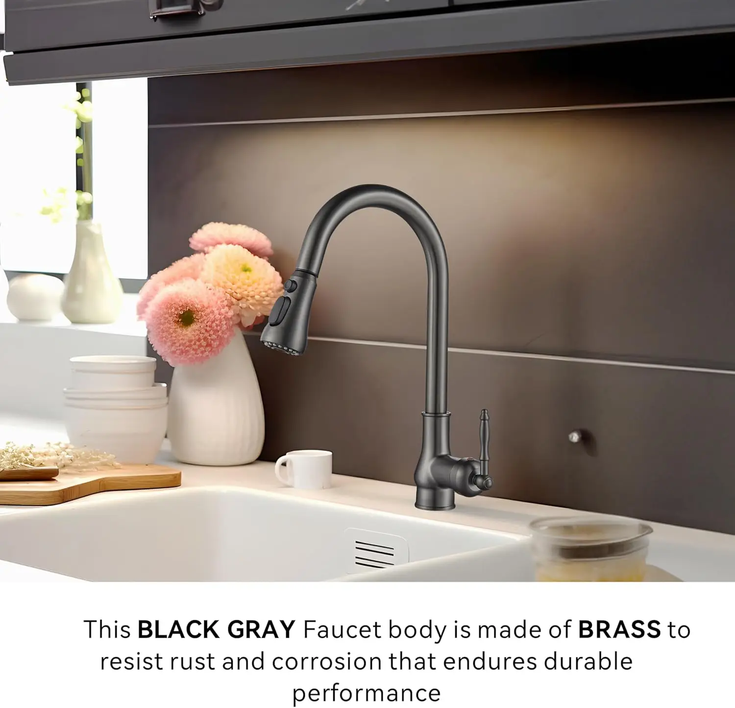 Kitchen Faucet Gray Black Sink Faucet with Sprayer, Touch Single-Hole Pulldown Kitchen Faucet, High Arch Black Gray Kitchen Sink