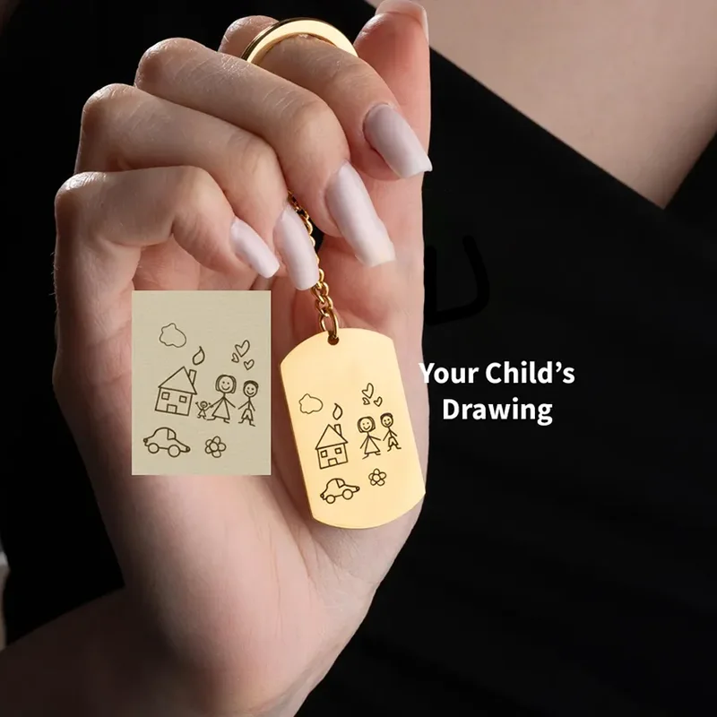

Customized Kids Drawing Photo Pendant Keychain Stainless Steel Personalized Signature Actual Handwriting Valentine's Day Gift