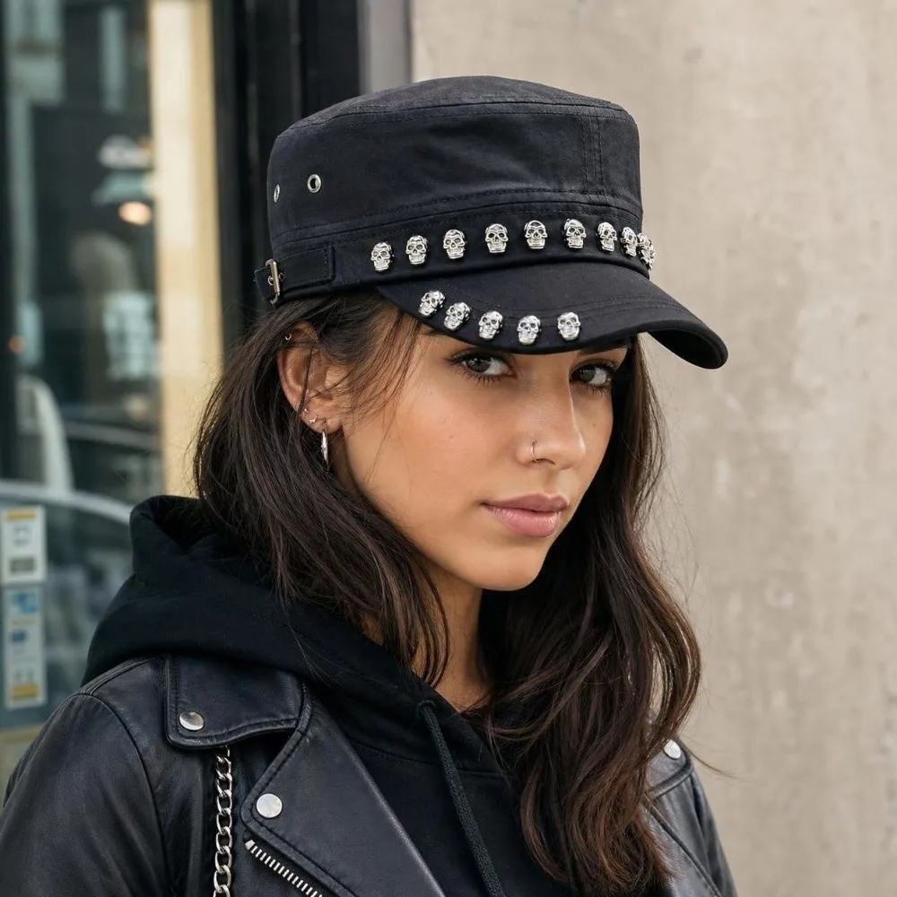 Hip Hop Cotton Material Skull Flat Top Cap Unique Punk Style Sports Visors Hats Breathable Adjustable Dancing Caps Halloween