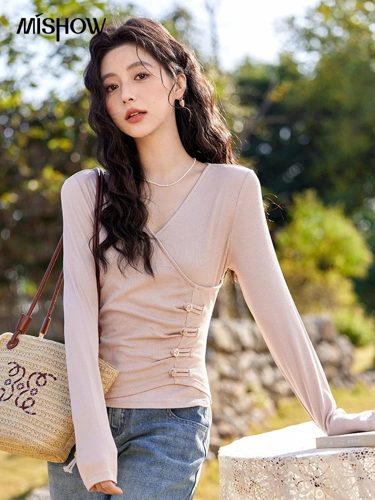 MISHOW  Knitted Sweater Solid Color V-neck Long Sleeved Women Spring SummerNew Fashion Elastic Slim Tshirt Tops Sweet MXE11Z1076