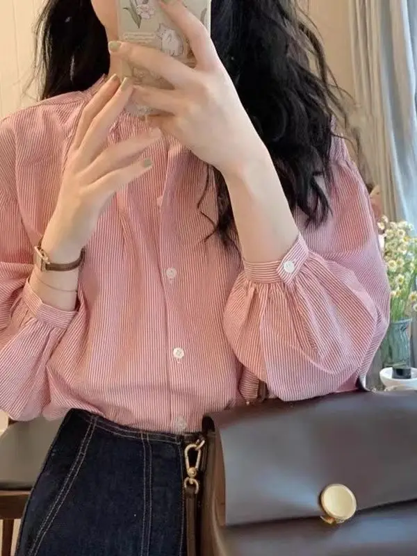 Pink striped shirt for women's 2024 summer design feel French high-end shirt small and chic top Leisure Versatile AUBN