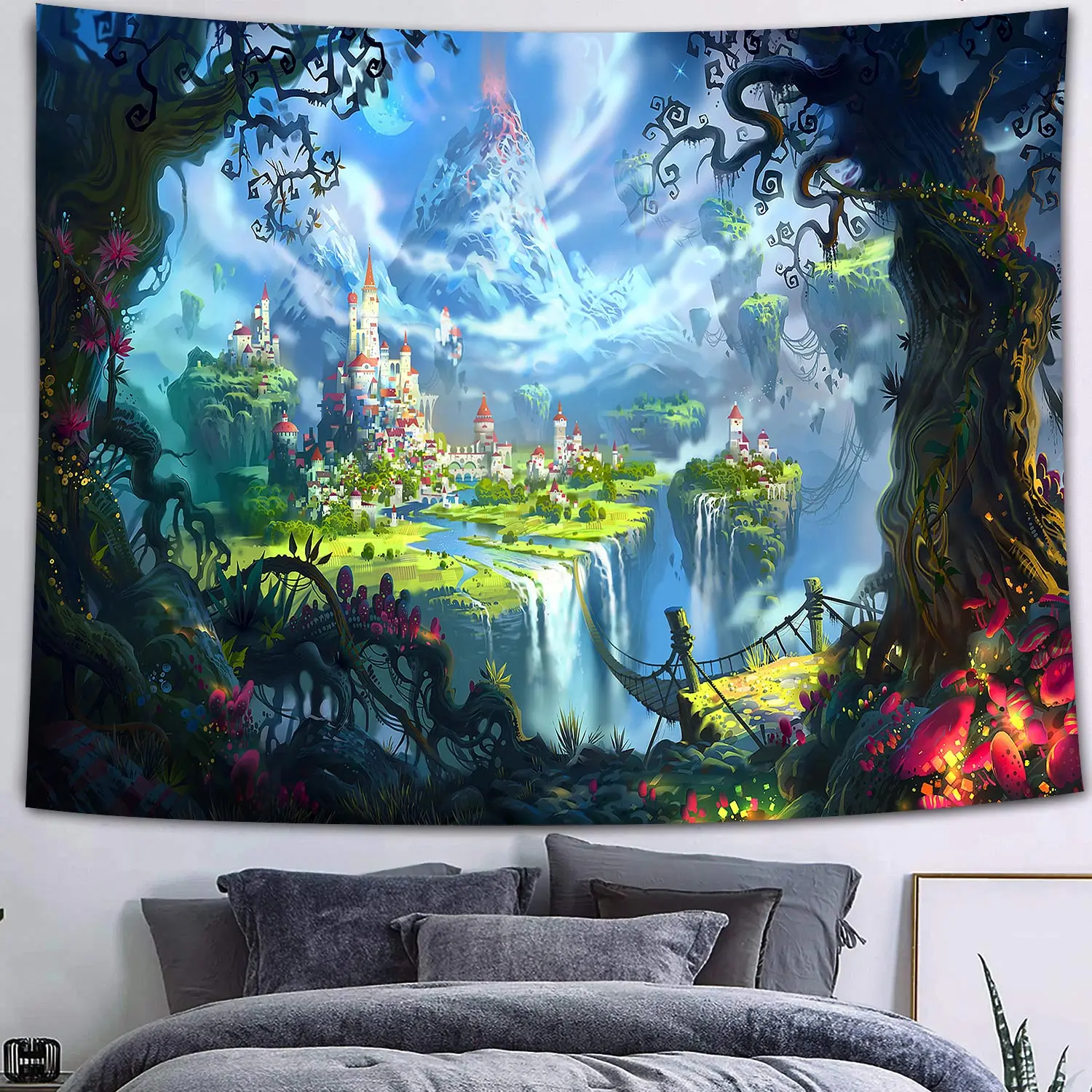 Mushroom Forest Castle Tapestry Fairytale Trippy Colorful Butterfly Wall Hanging Tapestry for Home Dorm Fantasy Decor