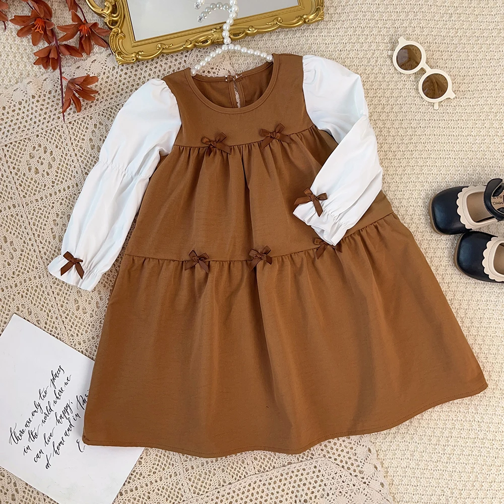Korean Version Round Neck Long Sleeved Butterfly Tie Color Blocked Casual Dress for Girls Aged 3-7 Daily Wear