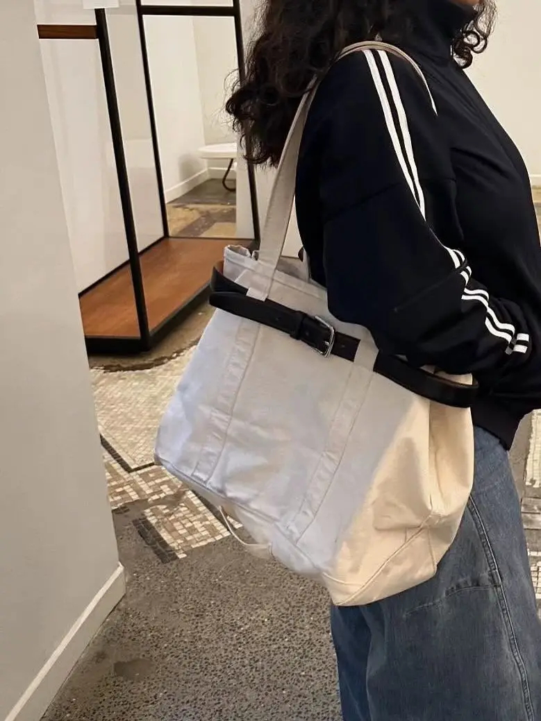 

Canvas Bag Women 2025 Fashion New High-Capacity All-match Shoulder Bag Handbag Belt Lock Office Lady