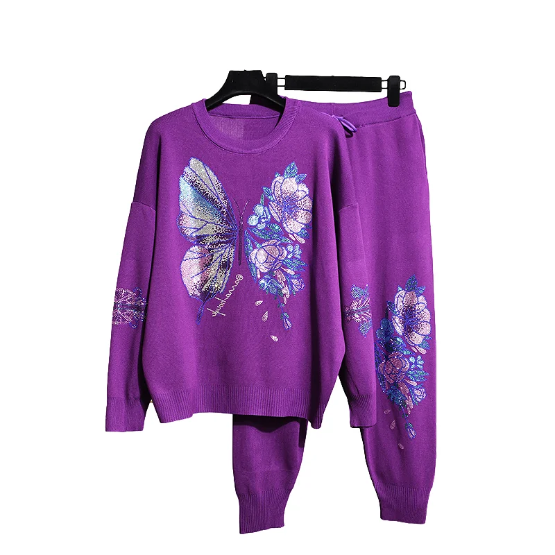 

Butterfly Hot Drilling Knitted Tracksuits Set Women Purple 2pcs O Neck Long Sleeve Pullover Sweater Pencil Pants Outfits Female