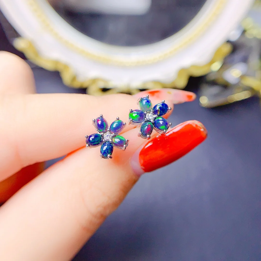 FS Natural 3*4mm Black Opal Flower Pendant Necklace Earrings Set S925 Pure Silver for Women Fine Weddings Charm Jewelry MeiBaPJ