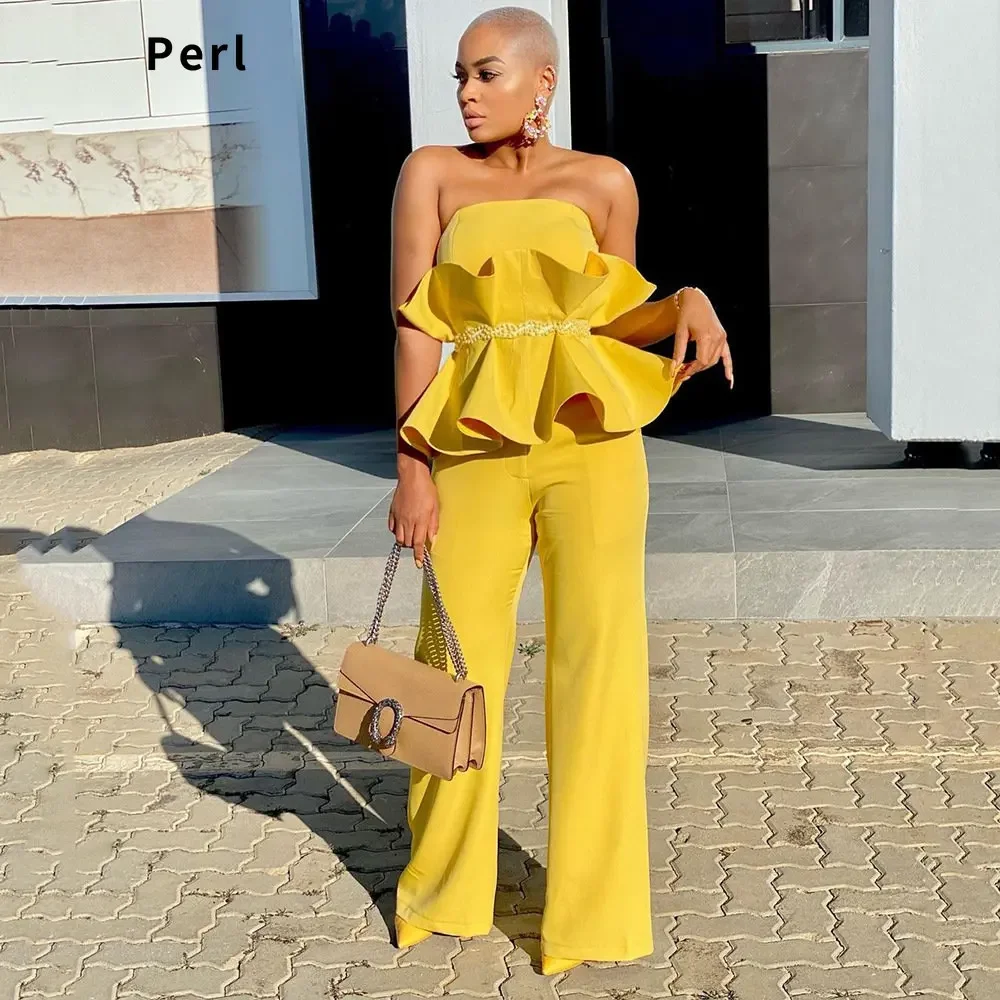 Perl Yellow Ruffle Women Set Sexy Off The Shoulder Top+straight Pants Suit Elegant Party Banquet Birthday Special Occasion Wear