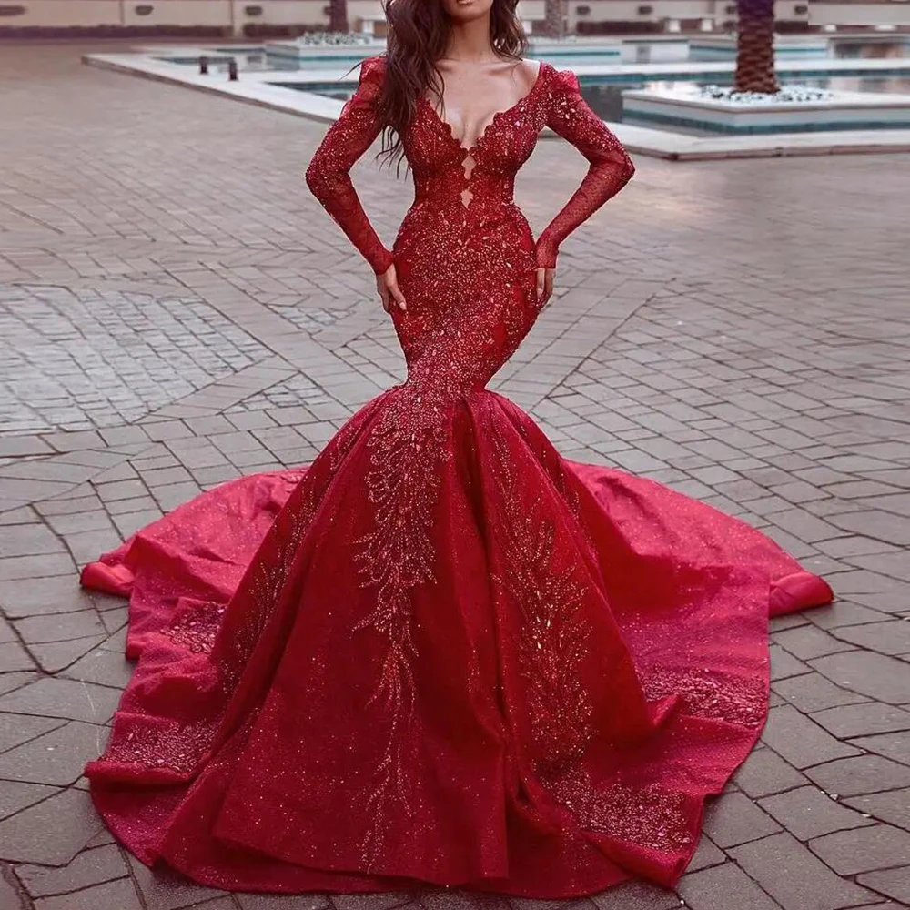 

Arabic Formal Dresses Abendkleider Abiye Gorgeous Mermaid Prom Party Dress Long Sleeve 2024 Evening Dresses Beads Appliques