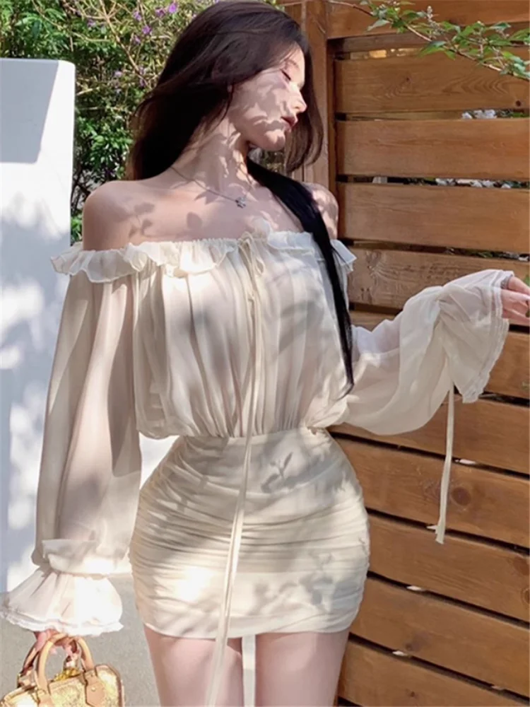 Mini robe crayon plissée abricot, Sexy, sans bretelles, manches longues évasées, col Slash, Slim, épaules dénudées, robe courte de Ballet