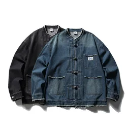 Men New Chinese Button Loose Casual Broken Denim Retro Fashion Denim Jacket Cityboy Jeans Coat Boyfriend Oversize Outerwear