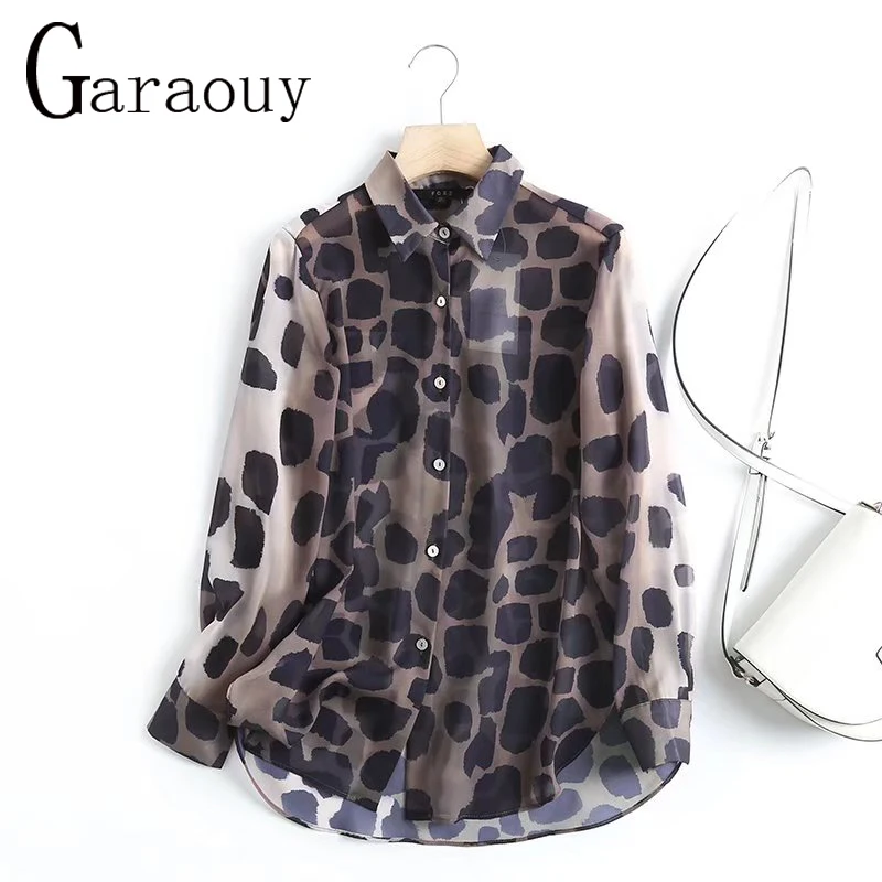 Garaouy 2022 Summer Women Sexy Leopard Mesh Transparent Blouse Fashion Long Sleeve Shirts Female Chic Tops Blusas Mujer De Moda