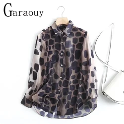 Garaouy 2022 Summer Women Sexy Leopard Mesh Transparent Blouse Fashion Long Sleeve Shirts Female Chic Tops Blusas Mujer De Moda