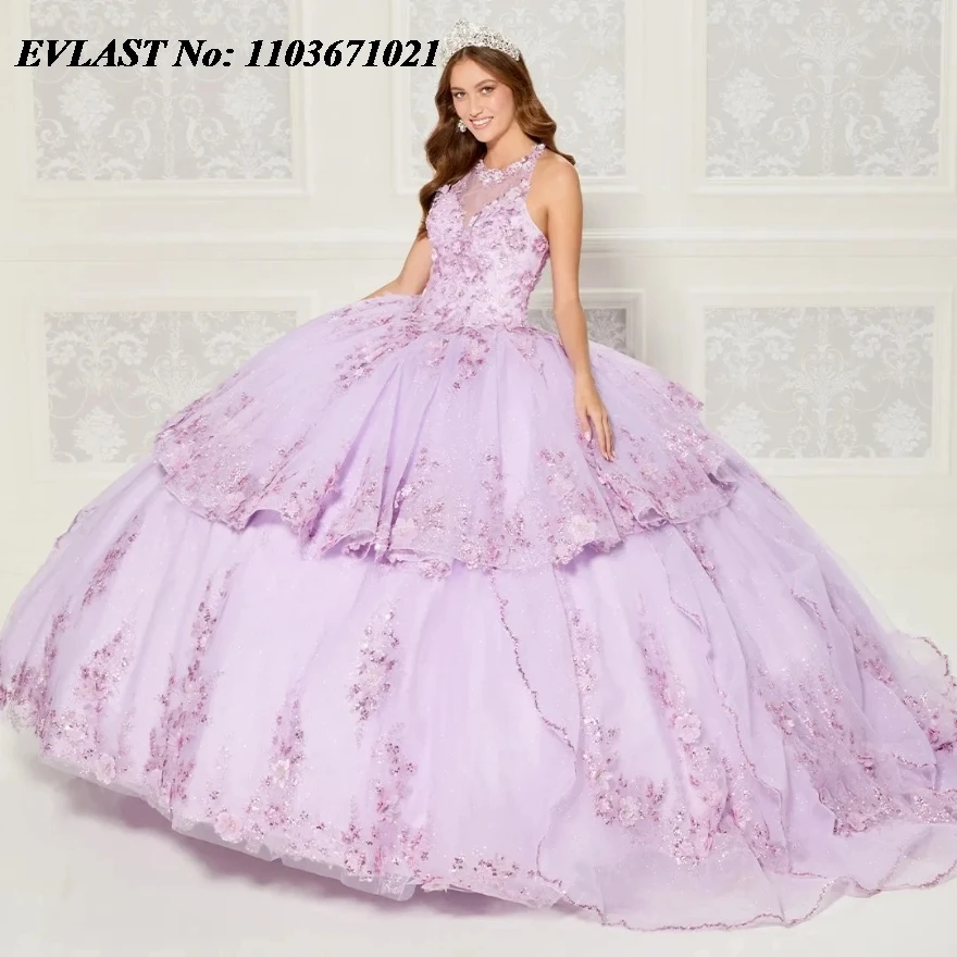 EVLAST Customized Pink Quinceanera Dress Ball Gown Sequin Lace Applique Beading Tiered Corset Sweet 16 Vestidos De 15 Anos SQ242