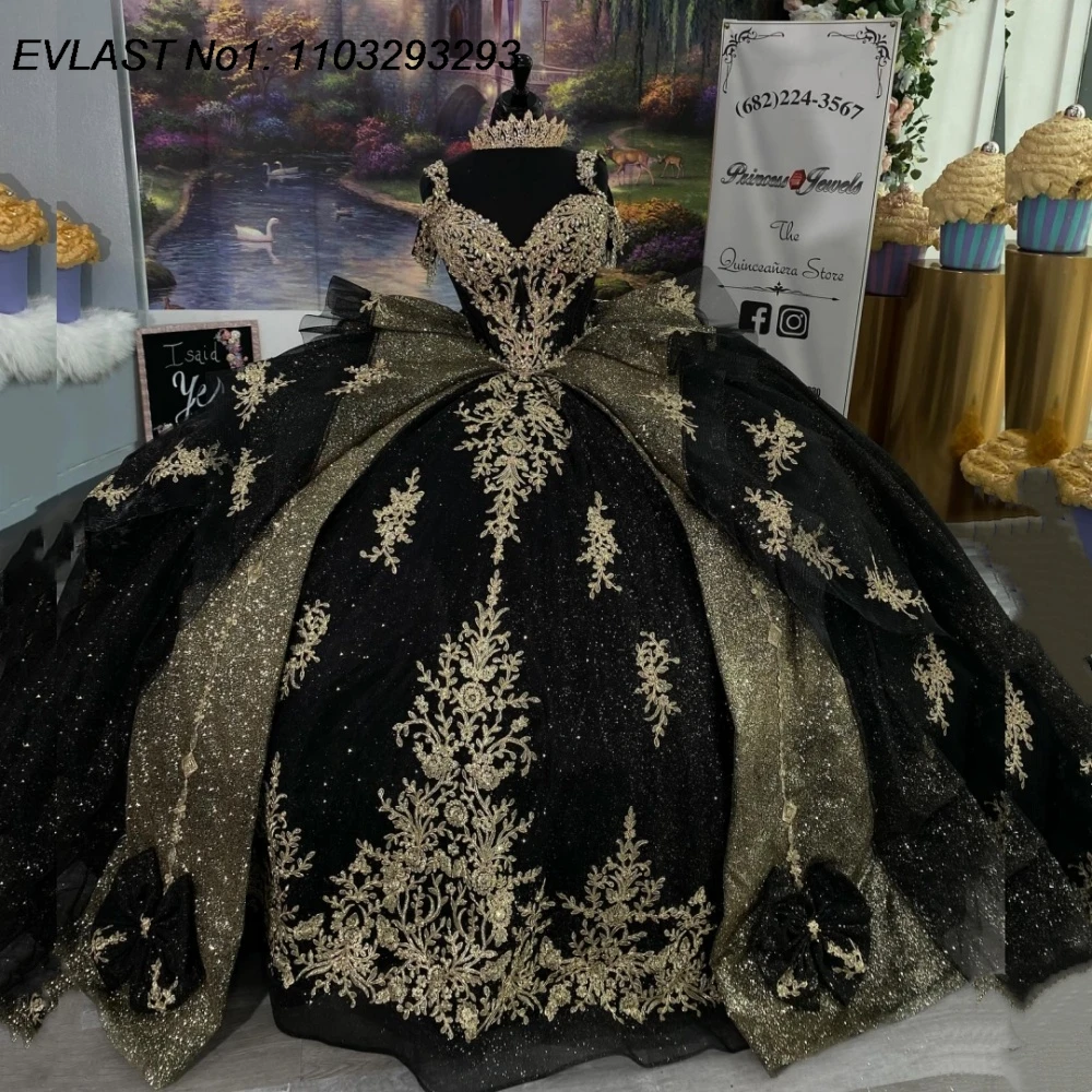 

EVLAST Customized Glitter Black Ball Gown Quinceanera Dress Gold Applique Beading Tiered Sweet 16 Vestidos De 15 Anos E1QN233