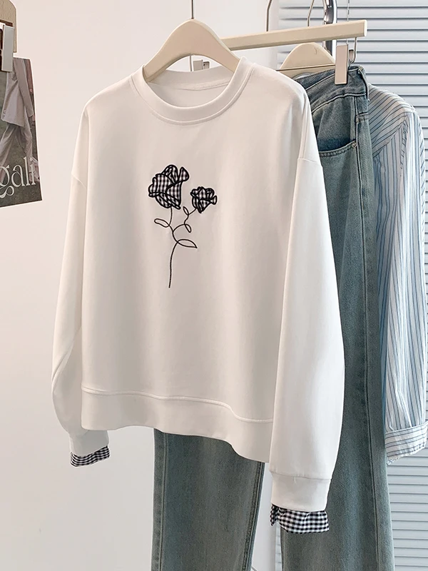 Automne hiver brodé longue Sve couche de Base T-shirt Sweat-shirt faux deux pièces Design femmes Faion liquidation S