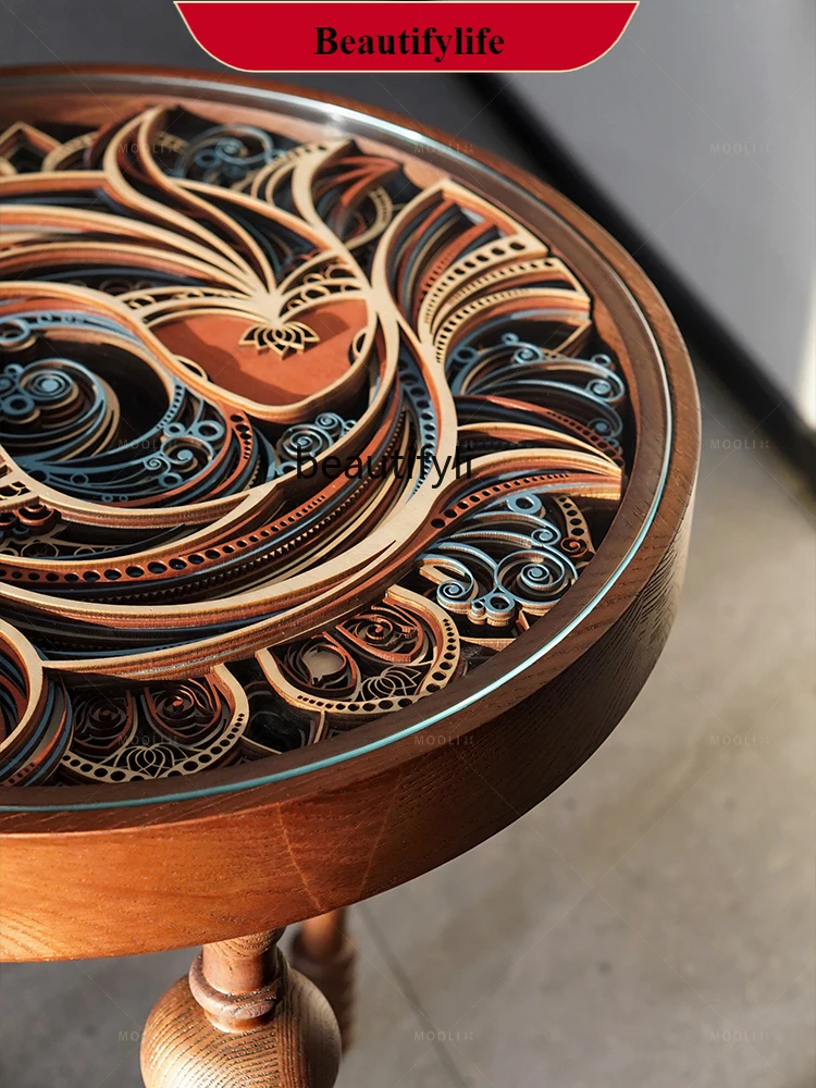 

French retro solid wood round edge table, antique small coffee table in the living room, light luxury walnut edge table G1218