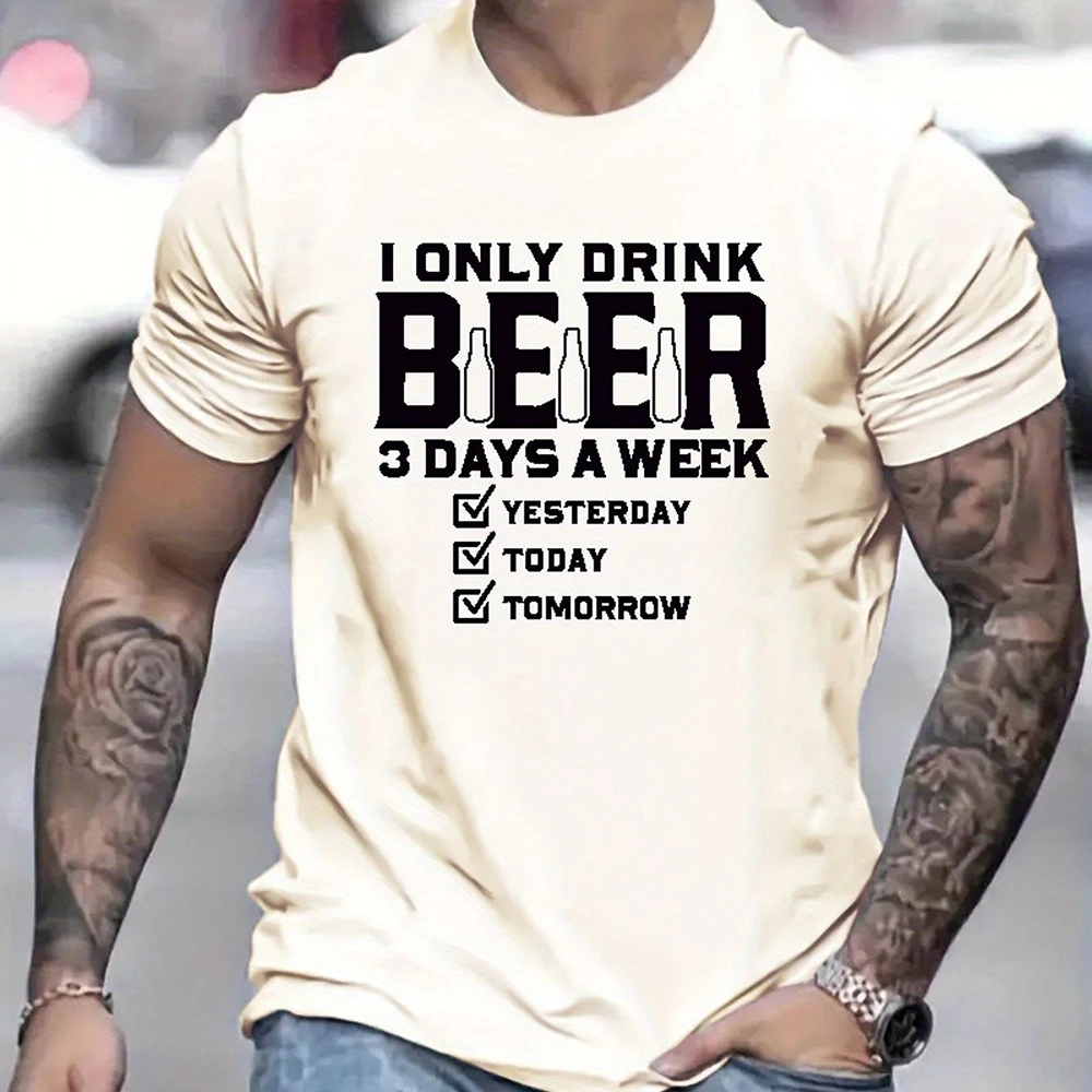 Funny Men\'s T-Shirt Apparel Fashion I Only Drink Beer Letter 3D Printed T-shirts Large Size Loose Men\'s Short Sleeve Clothing