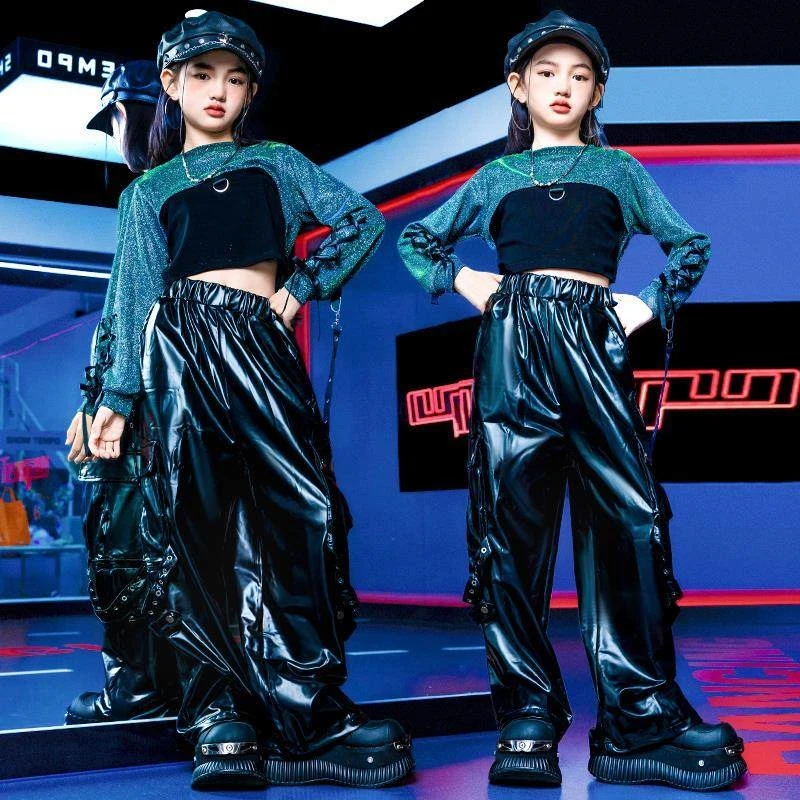 

Костюмы для танцев в стиле хип-хоп для девочек, топы в стиле панк, черные кожаные брюки, одежда для выступлений в стиле джаз, наряды для концертов и подиума, BL18120