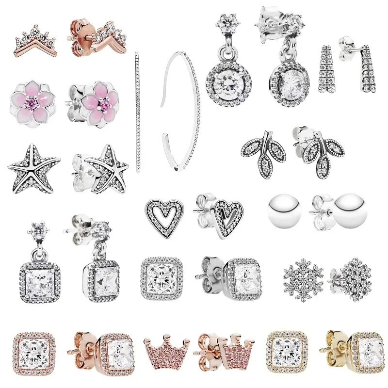 

Hot 925 Sterling Silver Sparkling heart-shaped Snowflake Crown Earrings Stars Square Stud earrings Women's Anniversary jewelry