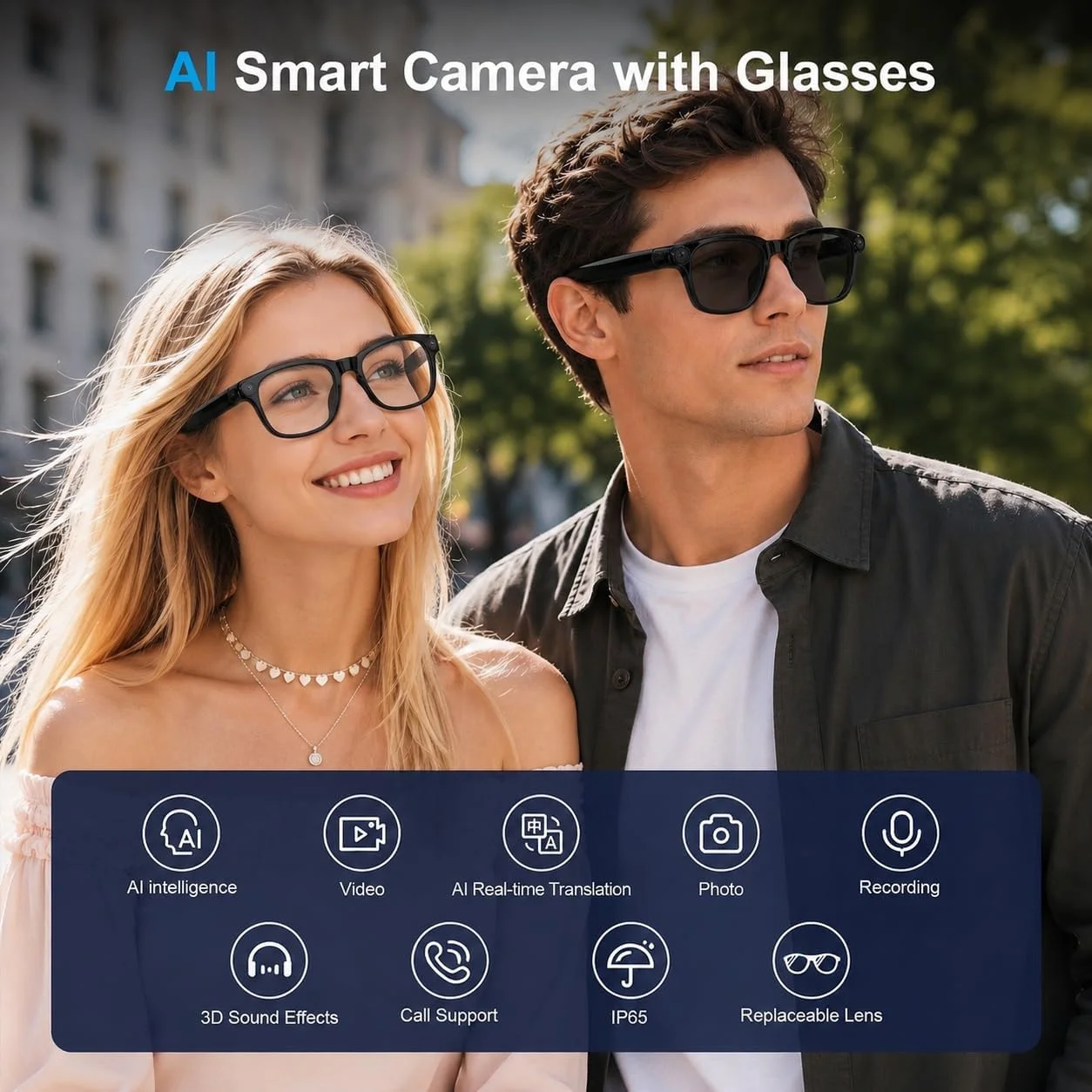 AI Smart Glasses with 8MP Camera 4K Video Photo Capture Real-Time Translation Recording, AI Assistant Replaceable Sunglasses Len