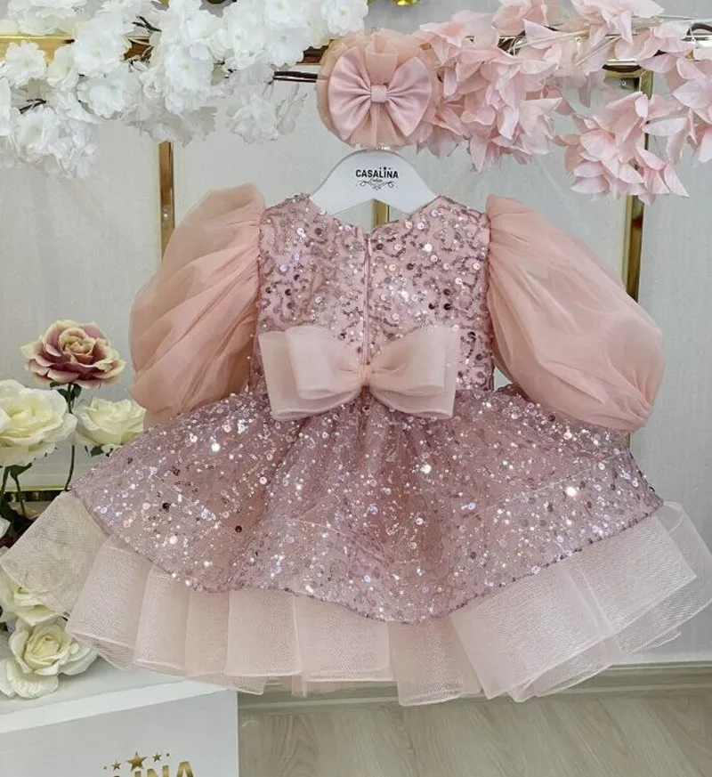 Knee-length Blush Sequin Fabric Baby Girl Dress Toddler Fluffy Glittery Tutu Flower Girl Dress Christmas Gown