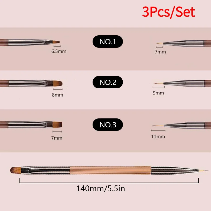 3Pcs/Set Manicure Brushes Dual Use Gel Gradient Brush Ultra Thin Line Drawing Pen Dual End Nail Art Design Painting Tools.