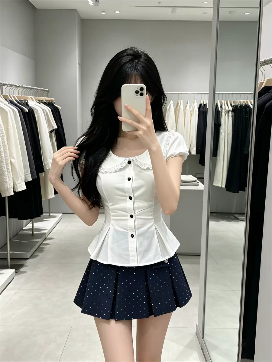 Sweet Floral Lace Collar Bubble Sleeve Short Sleeve Shirt Women's Slim Fit Summer New Style Polka Dot Skirt Fashion Set
