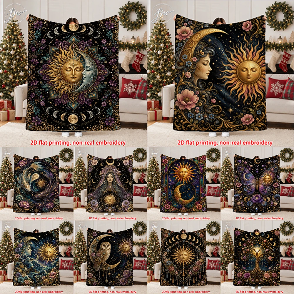 1pc  Boho Celestial Sun Moon Floral Print Soft Throw Blanket, Mystical Witchy Home Decor Blanket for Couch Bed Sofa